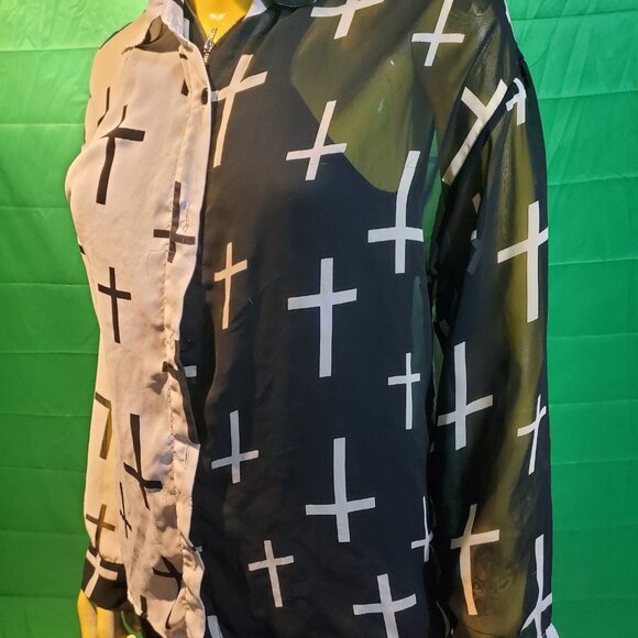 Kpop style black and white button down shirt long sleeves cross pattern goth - Picture 7 of 10
